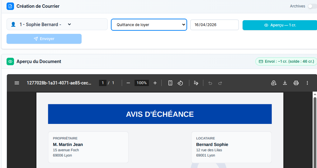 Quittances et documents - Quittances groupées, bail et envois simplifiés.